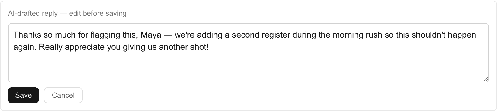 AI-drafted reply, ready to edit