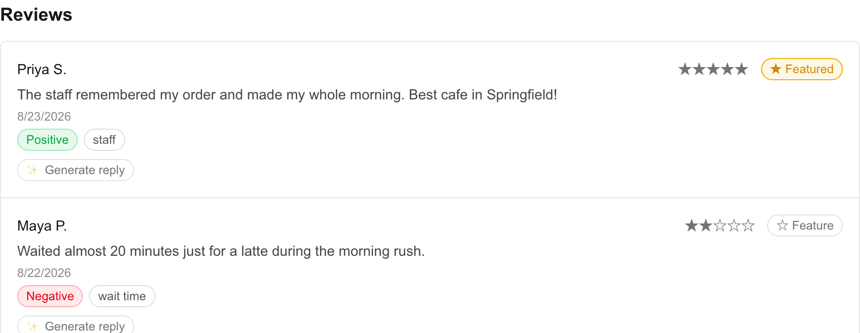 Reviews tagged with sentiment and theme